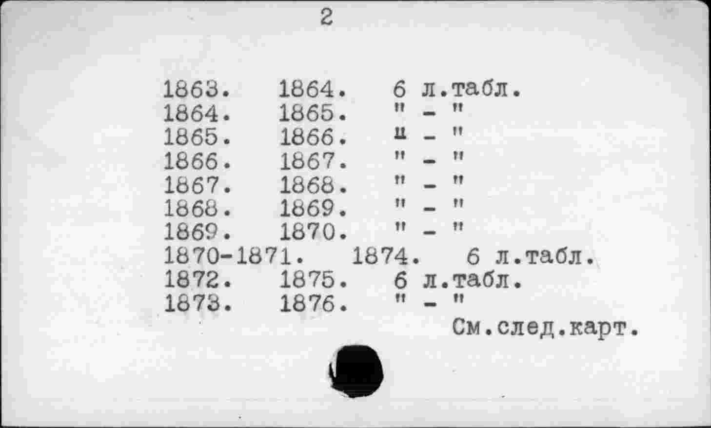 ﻿2
1863.	1864.	6	л.табл.
1864.	1865.	If	
1865.	1866.	XI	_ »
1866.	1867.	ft	
1867.	1868.	ff	_ »
1868.	1869.	ff	_ «
1869.	1870.	ff	
1870-	1871.	1874	.	6 л.табл.
1872.	1875.	6	л.табл.
1873.	1876.	H	e ff
См.след.карт.